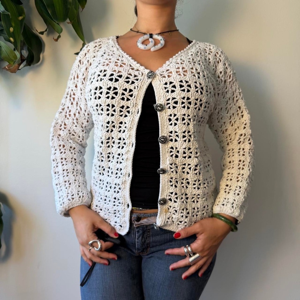 Rico Vintage 90s Crochet Cotton Cardigan White Grannycore Cottagecore S/M